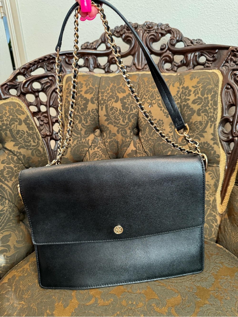 Tory Burch Robinson - Black Leather Chain-Trim Shoulder Bag